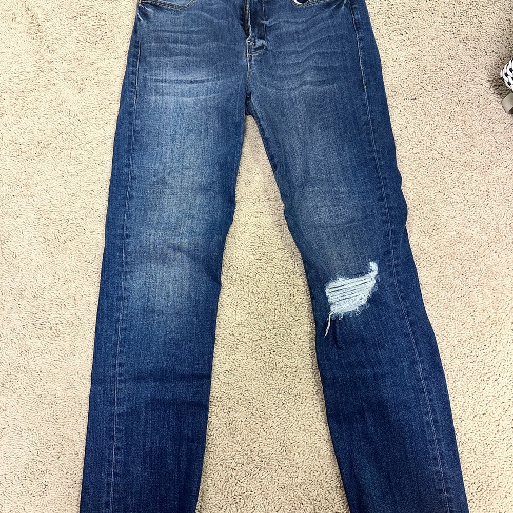 Frame Denim Dark Blue Distressed Straight Leg Jeans
